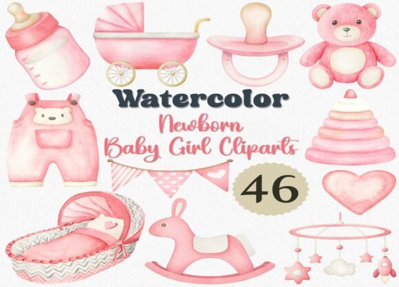 Download Watercolor Newborn Baby Girl Clipart Set - Baby girl clipart Collection