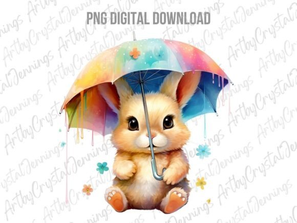 Download Rainbow Umbrella Watercolor Bunny PNG - Watercolor bunny Collection